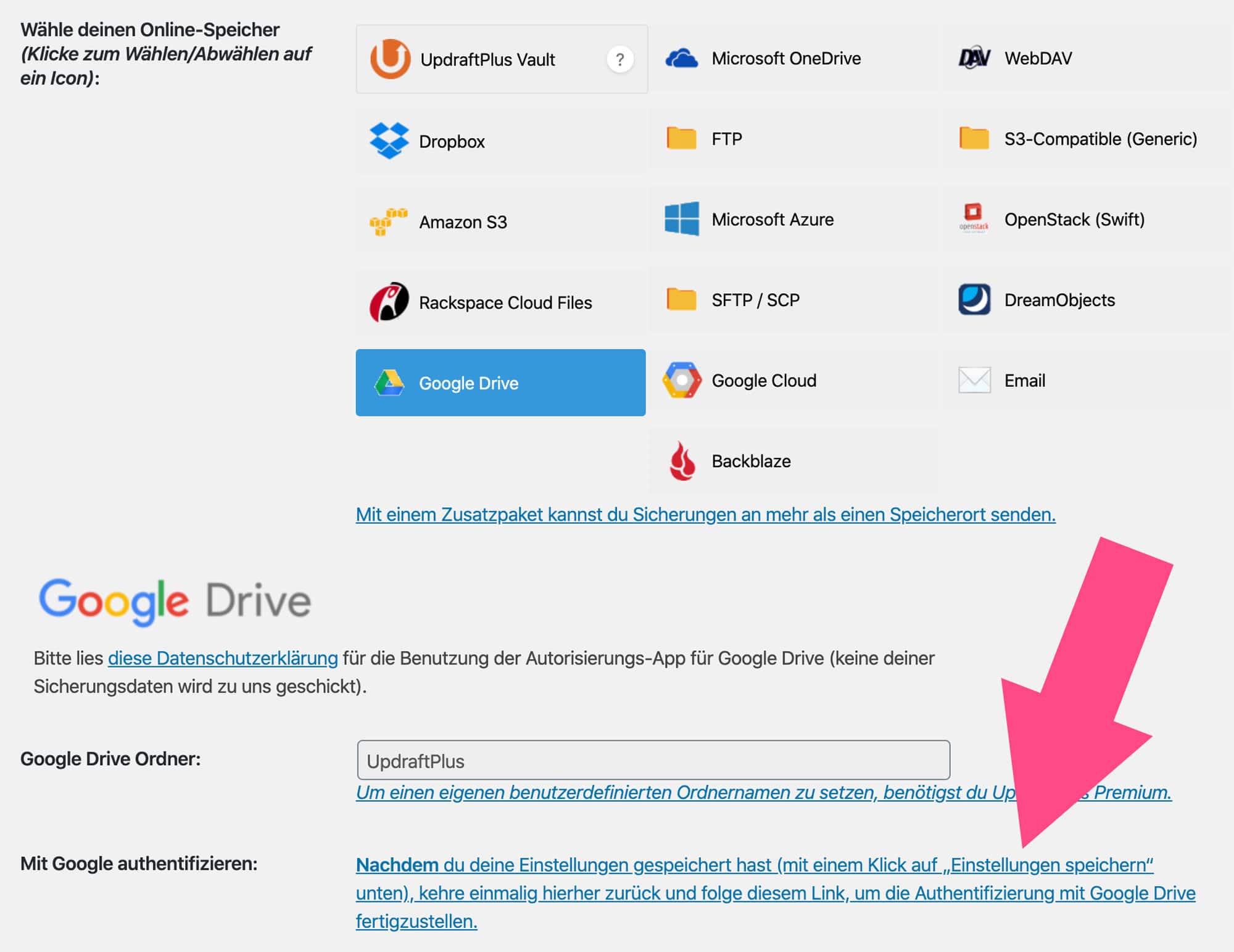 Backups lassen sich bei UpdraftPlus direkt an das Google Drive senden