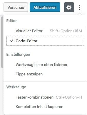 Wechsel vom visuellen Editor zum Code-Editor