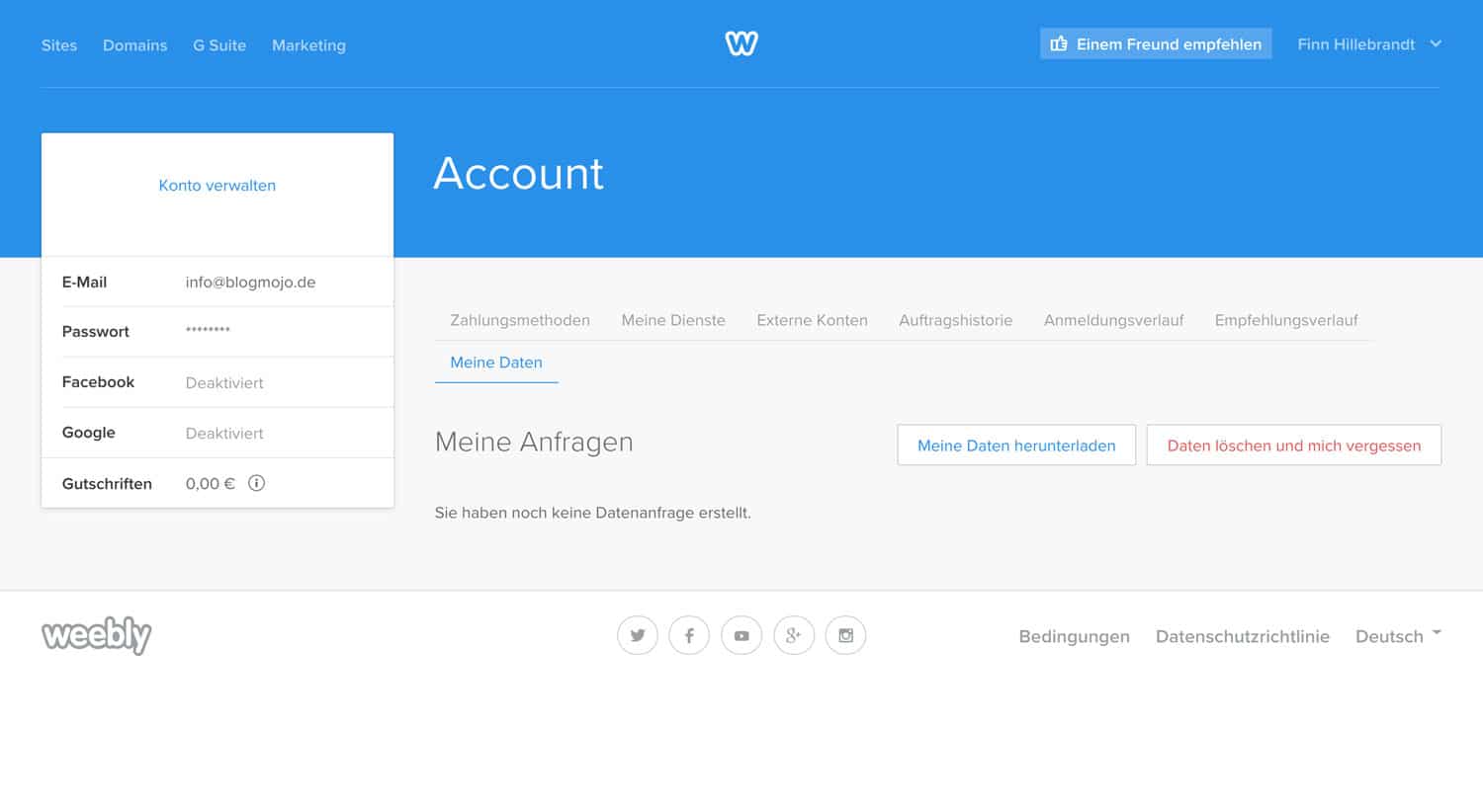 Du kannst dein Weebly Konto in den Account-Einstellungen löschen