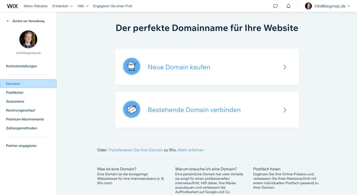 Um bei Wix eine Domain zu registrieren stehen dir mehrere Möglichkeiten zur Verfügung