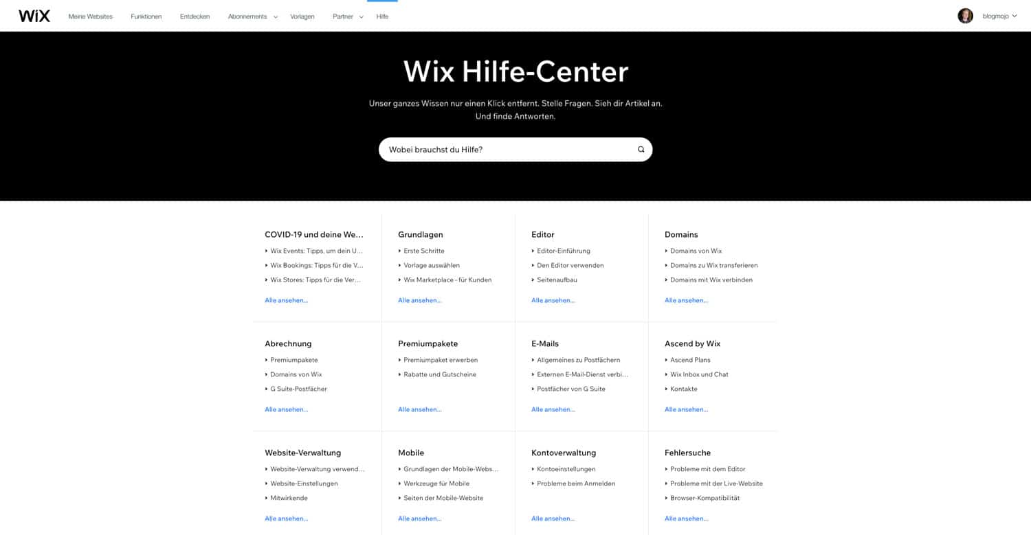 Das Wix Hilfe Center liefert schnelle Antworten bei Problemen