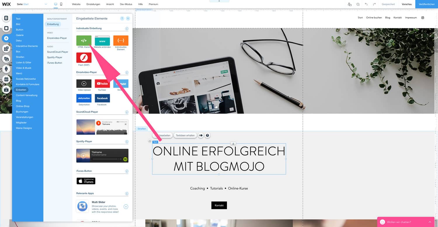 Einen eigenen HTML-Codekannst du problemlos im Wix Editor hinzufügen