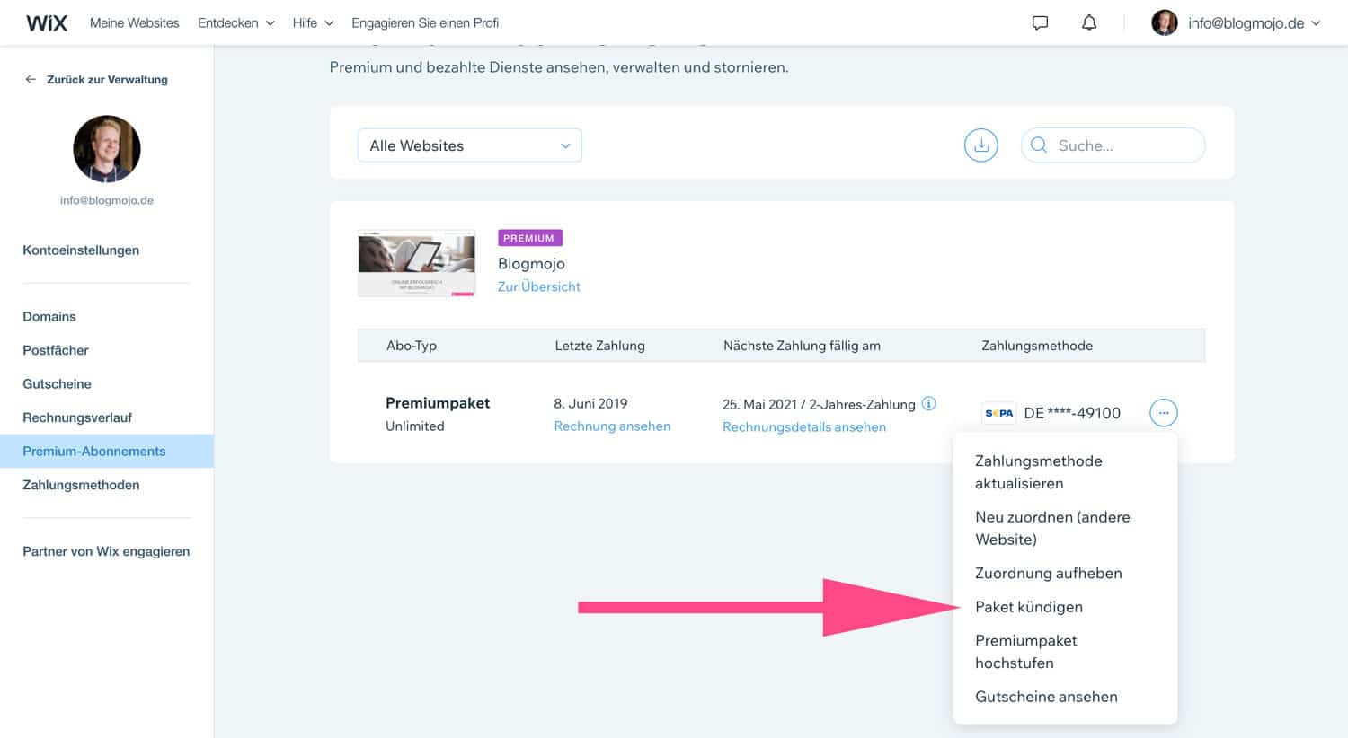 Die Kündigung eines Wix Premium-Plans erfolgt direkt im Backend