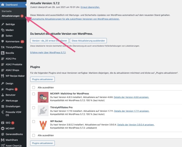 Aktualisierungen im WordPress-Adminbereich