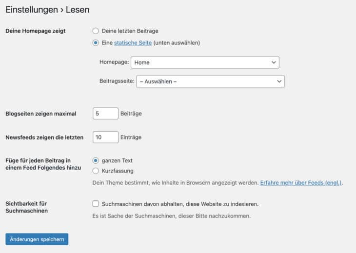 Es ist definitiv zu empfehlen, in WordPress eine Startseite anzulegen und nicht die letzten Beiträge anzeigen zu lassen