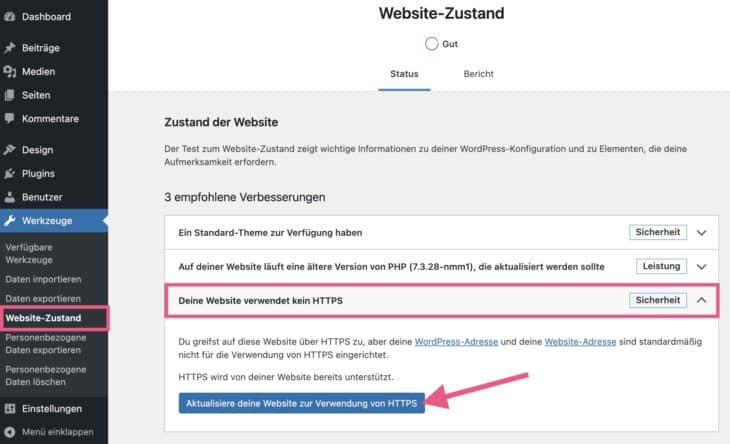 WordPress-Website über Site Health auf HTTPS umstellen